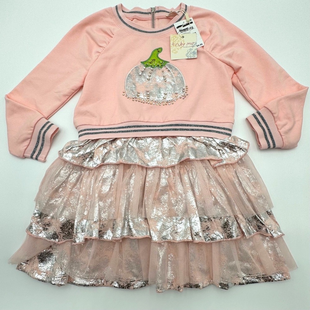 NWT Truly Me Dress Pumpkin Foil Ruffle Tiered Tutu Girls 6 Blush Thanksgiving